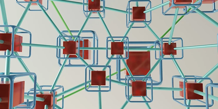 A complex network diagram with bright lines connecting various servers, symbolizing a robust and interconnected infrastructure.